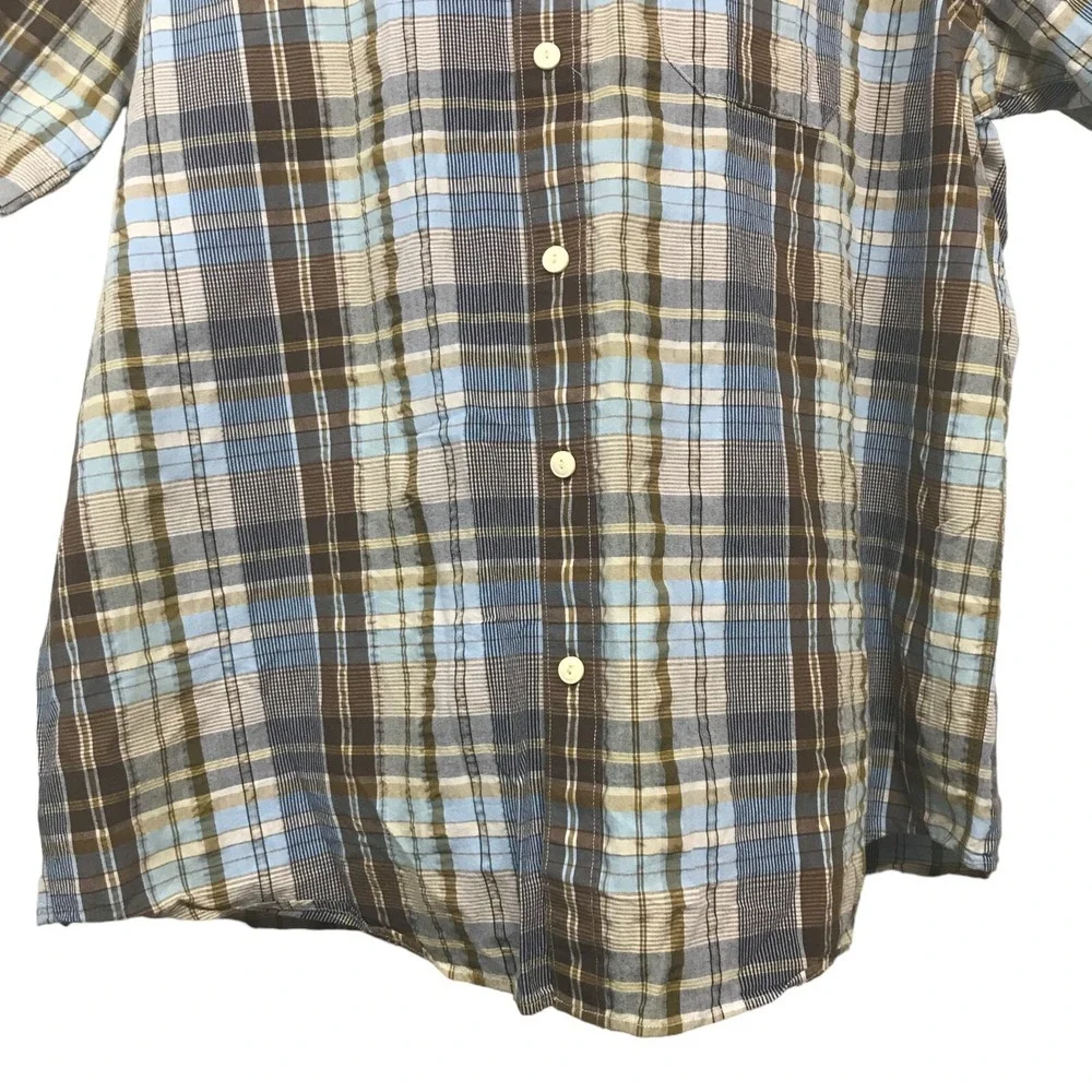 Indigo Palms‎ Mens XXL Blue Brown Plaid SS Button Down Shirt Cotton Blend